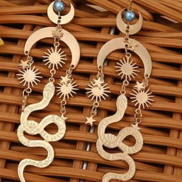 Mystical Serpent & Cosmic Gold Charm Earrings Witchy Bohemian Goddess Jewelry - Picture 5 of 8